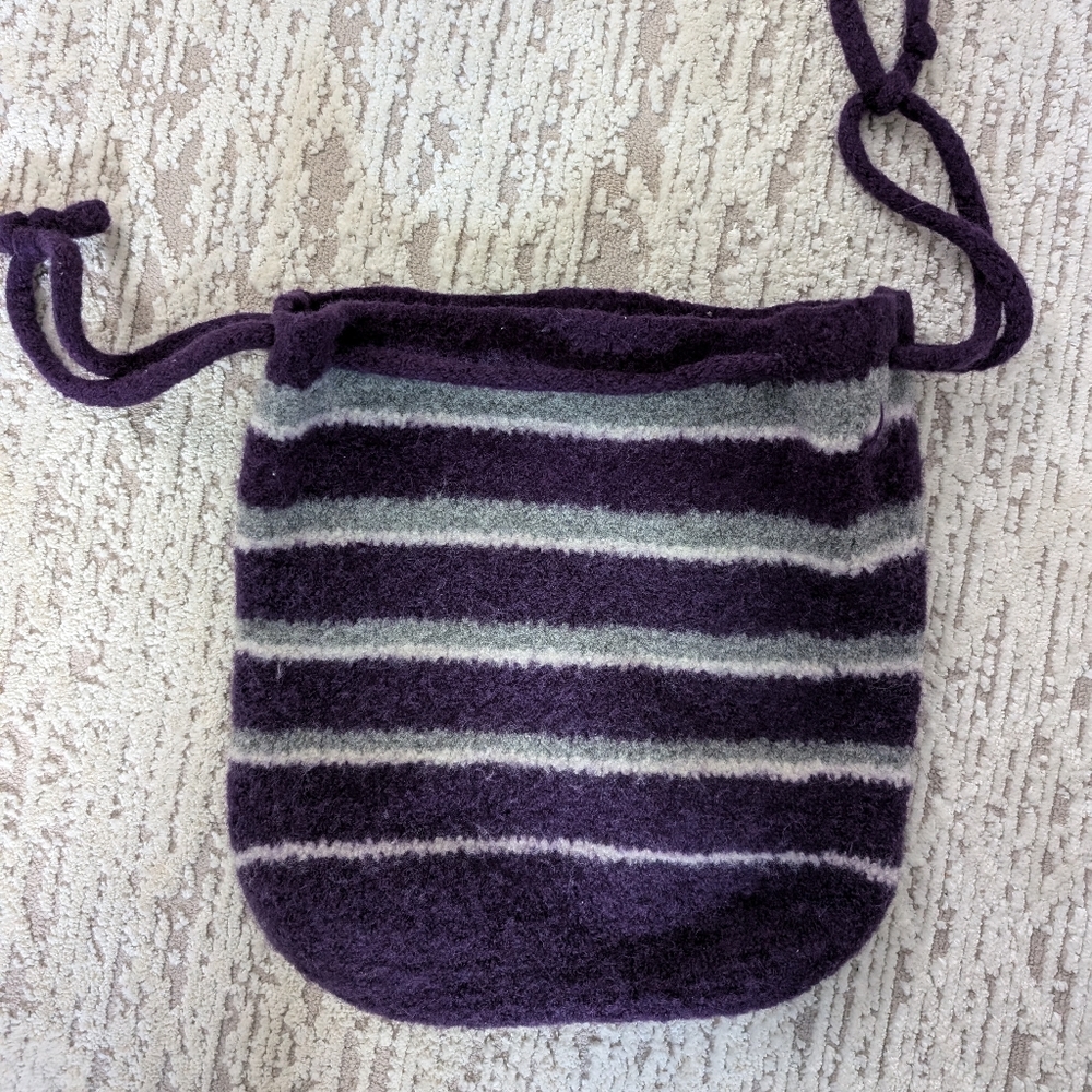 Purple w Gray, Hand Knit and Felted Wool Drawstring , Shopper Tote,  Project Bag